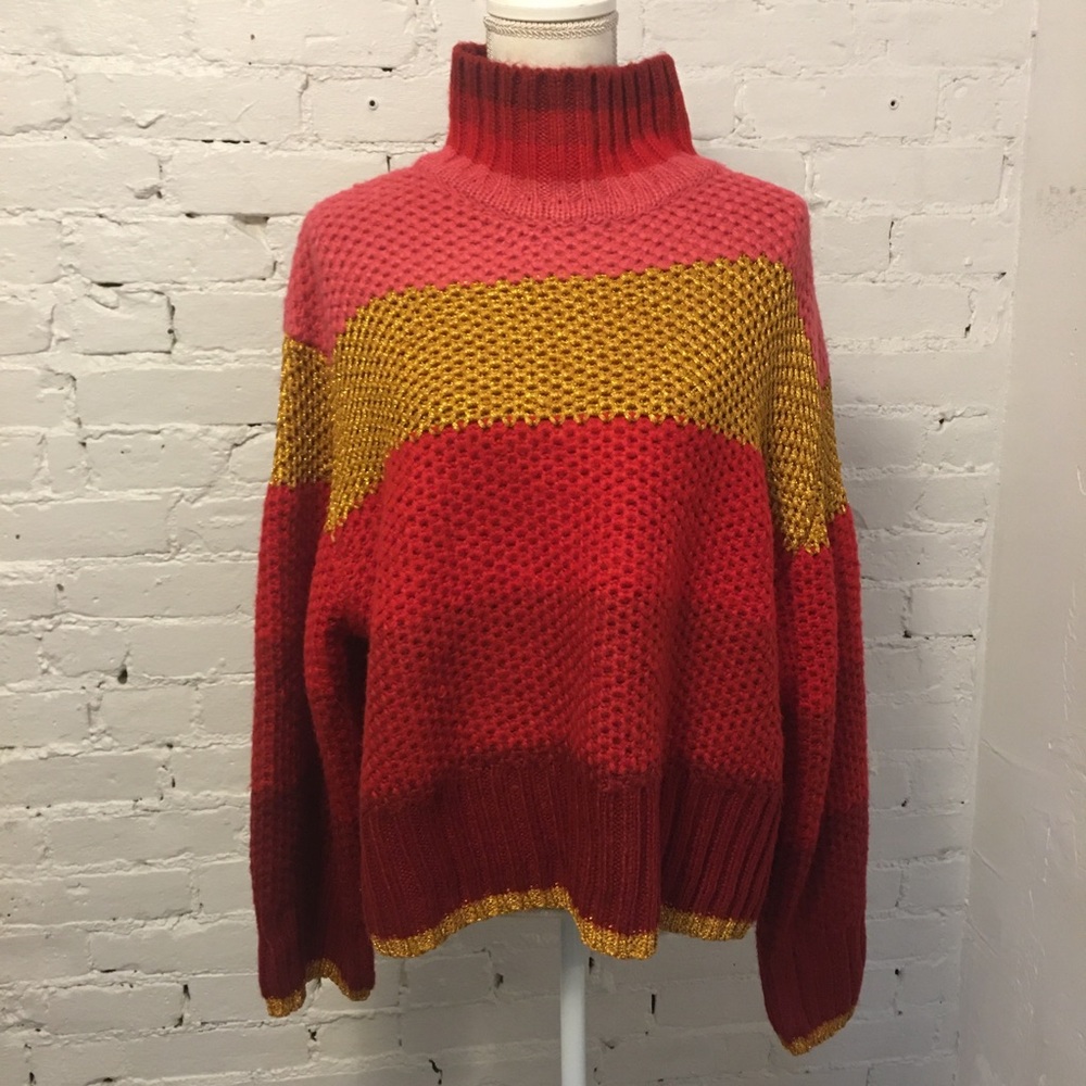 Farm Rio chunky knit color block sweater funnel neck metallic slouchy large